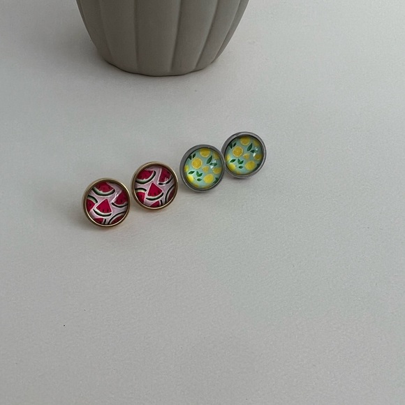 Classic Round  Fruit Stud Earring Set - Lemon and Watermelon Stud Earrings - Picture 8 of 14